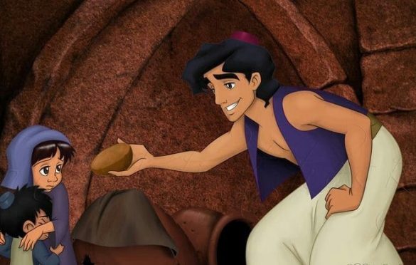 Aladdin gives bread to a child in Disney's animated film Aladdin