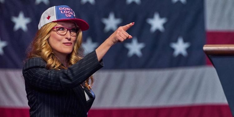 Meryl Streep speaking to her followers in a poltical rally in Don't Look Up