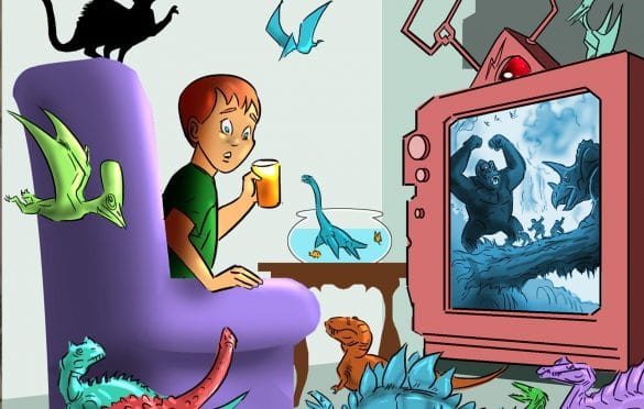 Pete Von Sholly kid in chair watching King Kong on TV