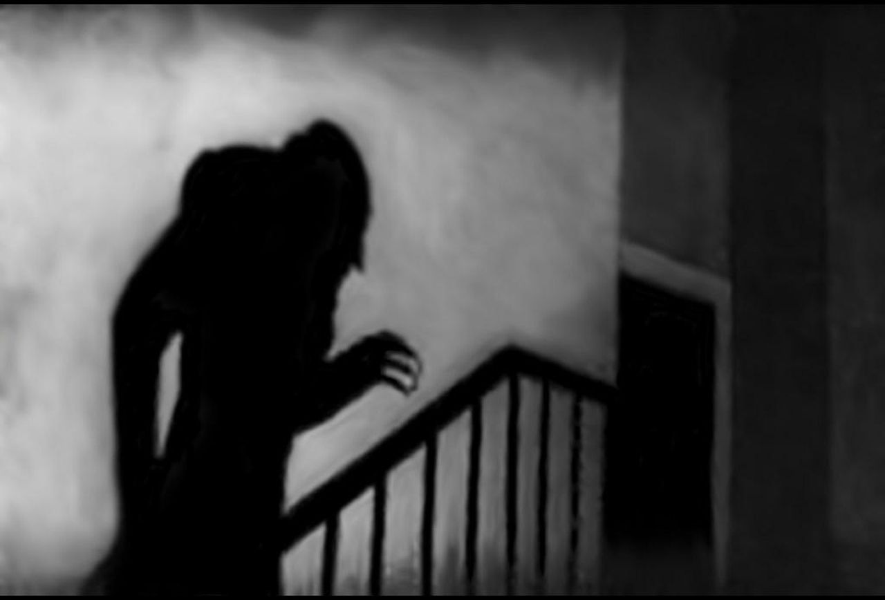 the large shadow of a vampire on a wall in Nosferatu