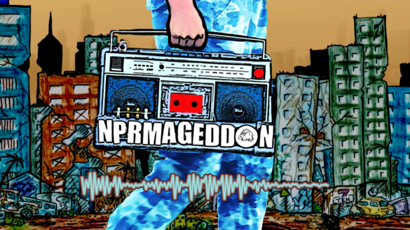 a man walking with a boombox with the label NPRMAGEDDON