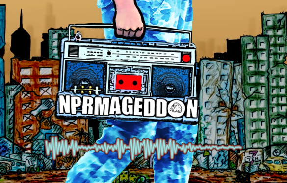 a man walking with a boombox with the label NPRMAGEDDON