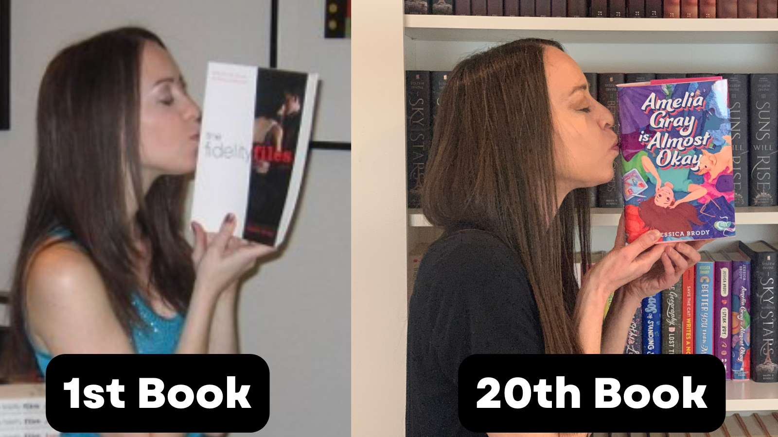 Jessica Brody kisses her first book -- and her 20th book