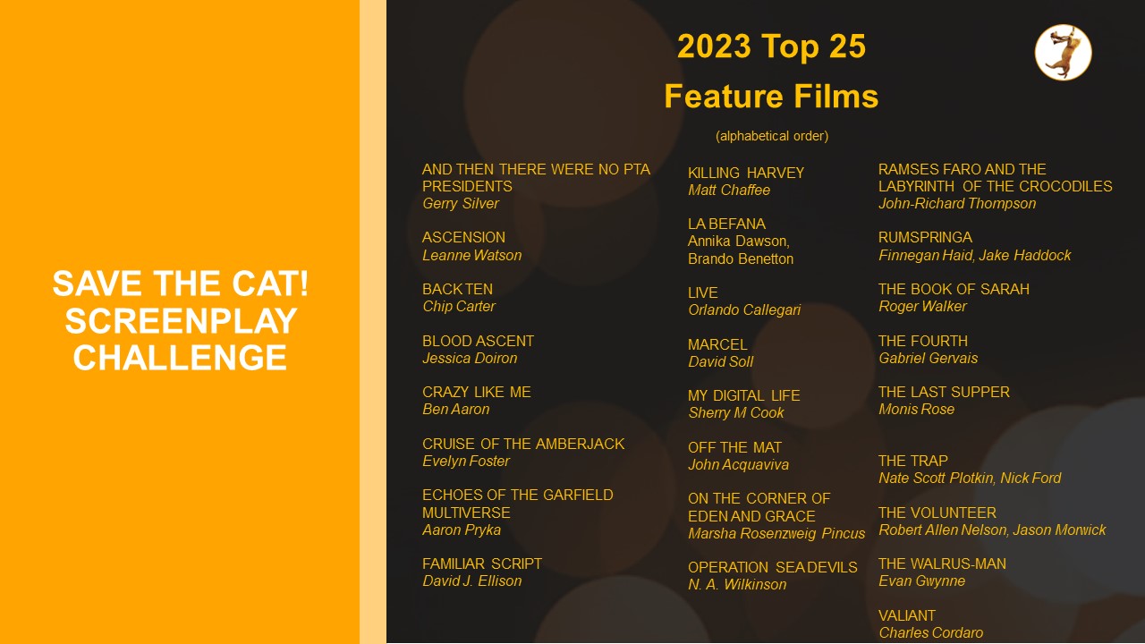 the top 25 names of the 2023 Save the Cat! Screenplay Challenge for feature films