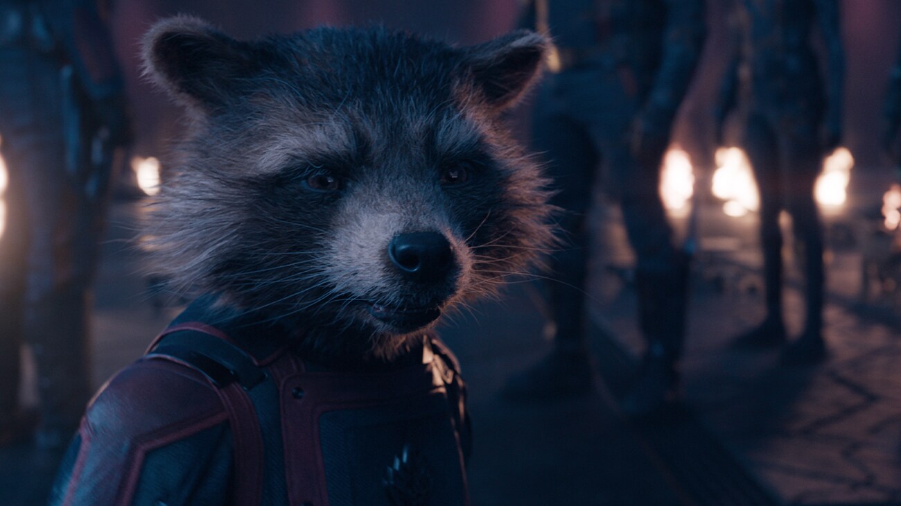 Rocket Racoon with fires behind him