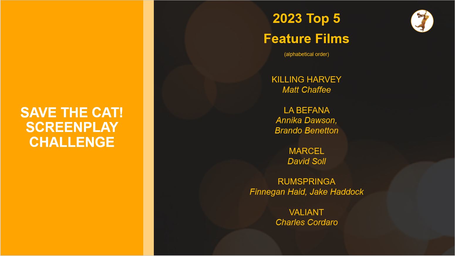 list of Top 5 Finalists for features for Save the Cat! Screenplay Challenge 2023