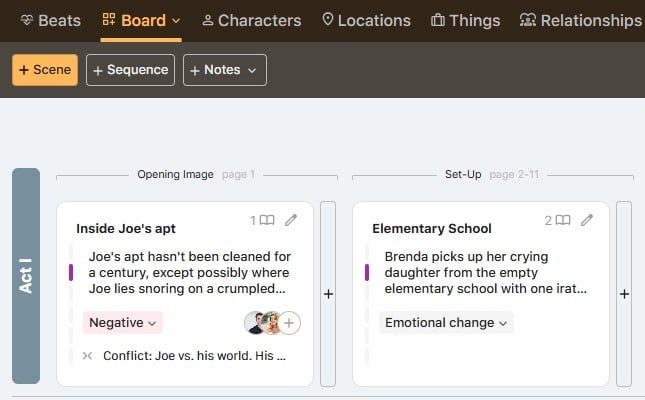 the first 2 scene cards on a Save the Cat! Story Suite writers board
