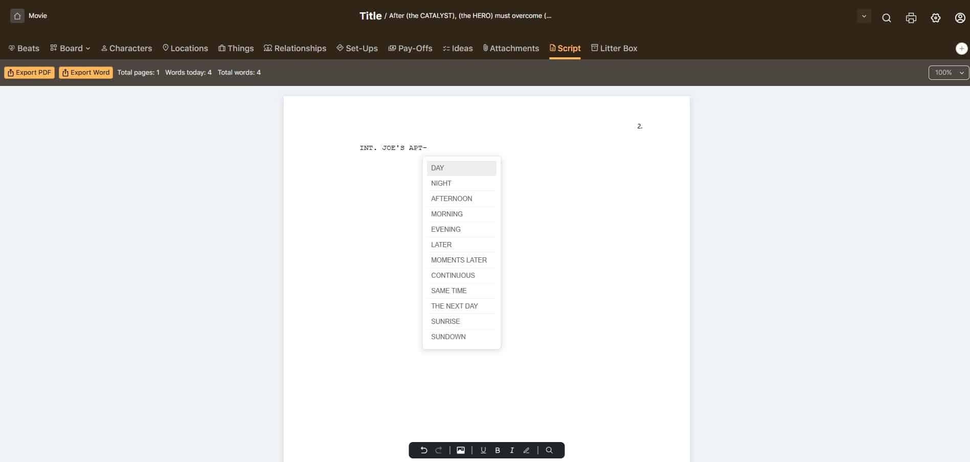 script heading Joes apt Save the Cat Story Suite script formatter
