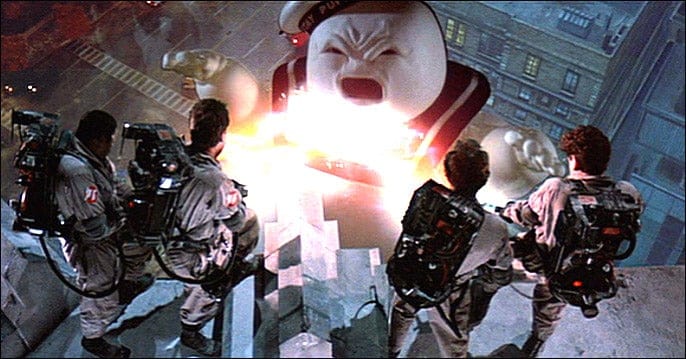 fire, flames and smoke as the Ghostbusters attack