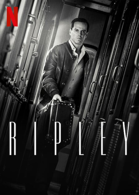 the poster for the Netflix series Ripley with Andrew Scott standing inside a train