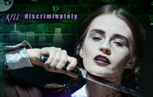 Clare Bleecker holding a knife near her own throat