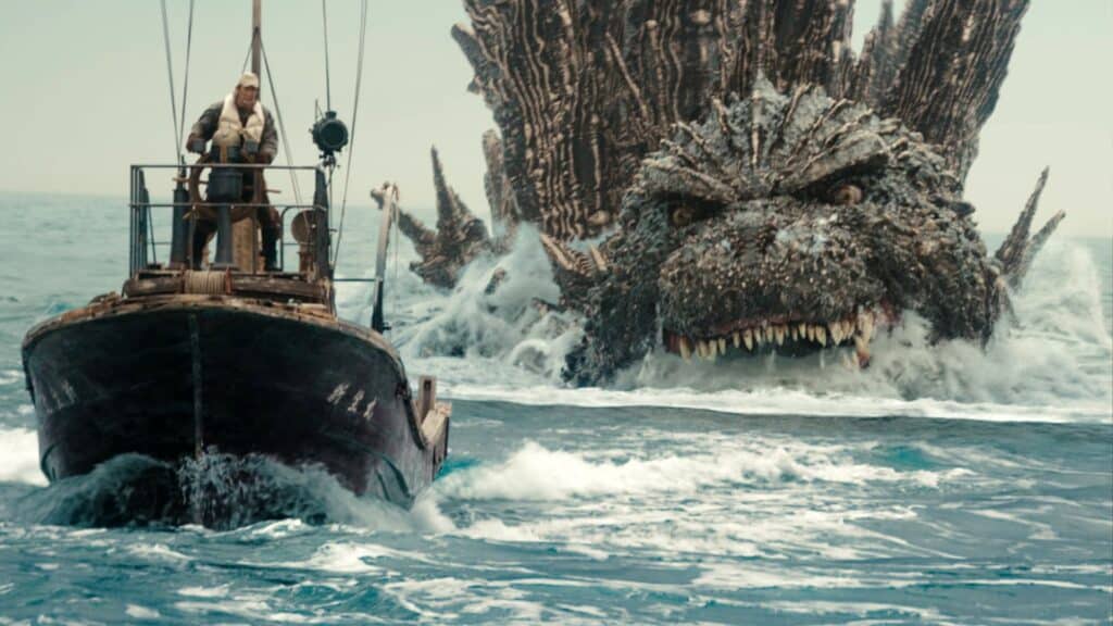 Godzilla attacking a boat in Godzilla Minus One