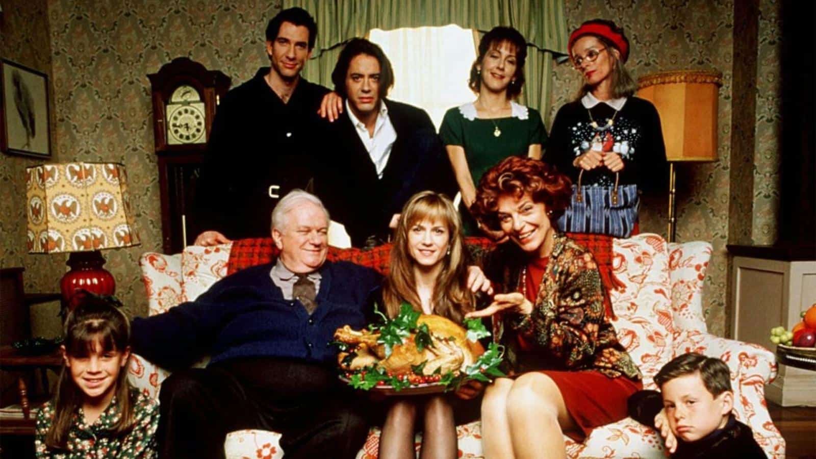The entire cast of Home For the Holidays, with Charles Durning, Anne Bancroft and Holly Hunter seated on a sofa, Hunter holding a plate of turkey