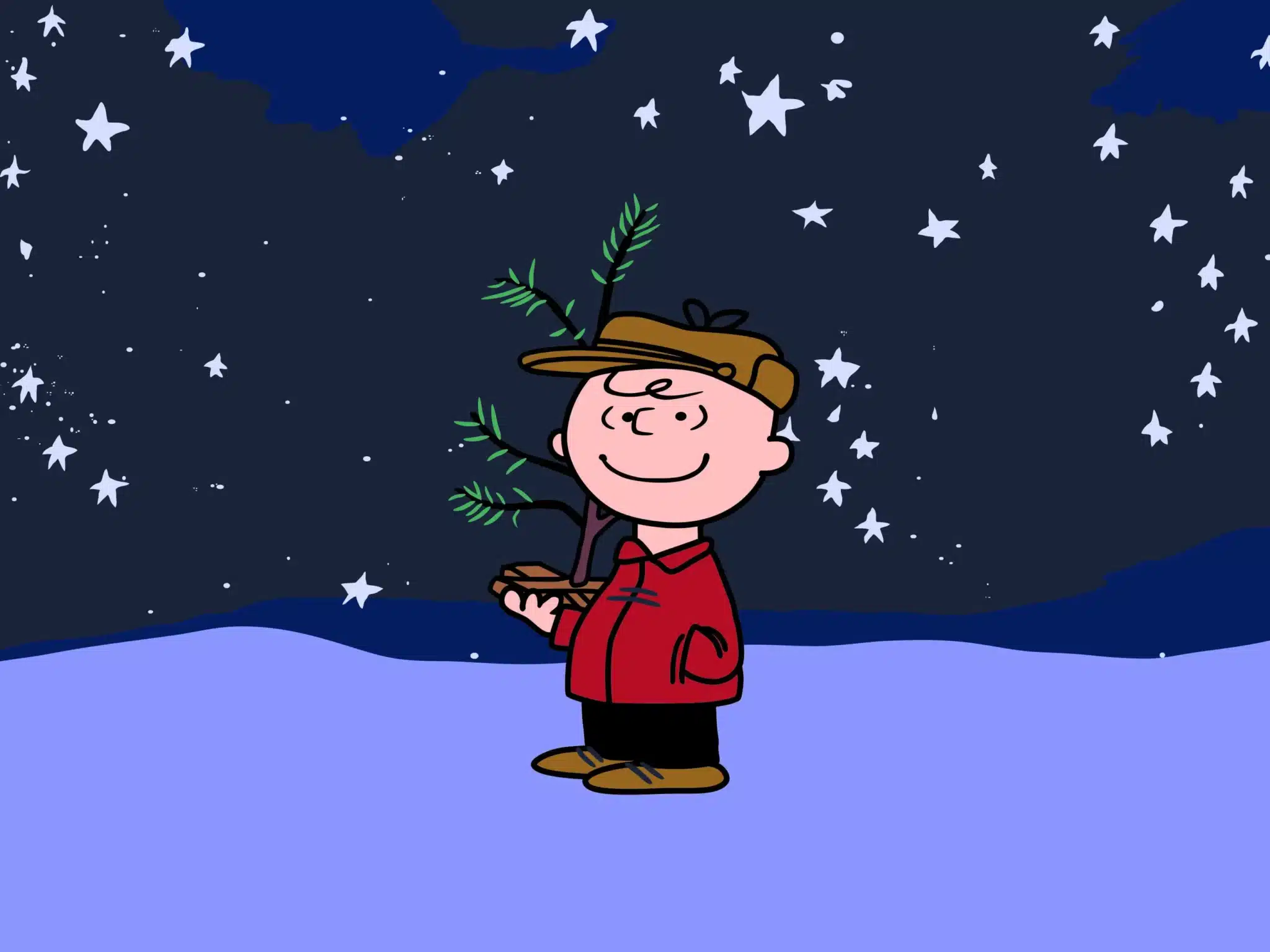 Charlie Brown holding his straggly Christmas tree