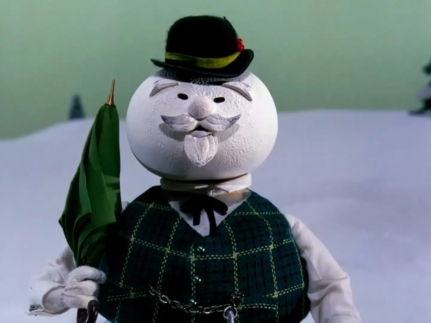 Sam the Snowman with his hat, tie, and vest