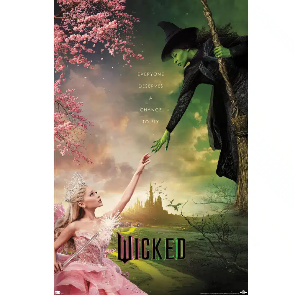 Wicked movie poster with Glinda and Elphaba reaching towards each other