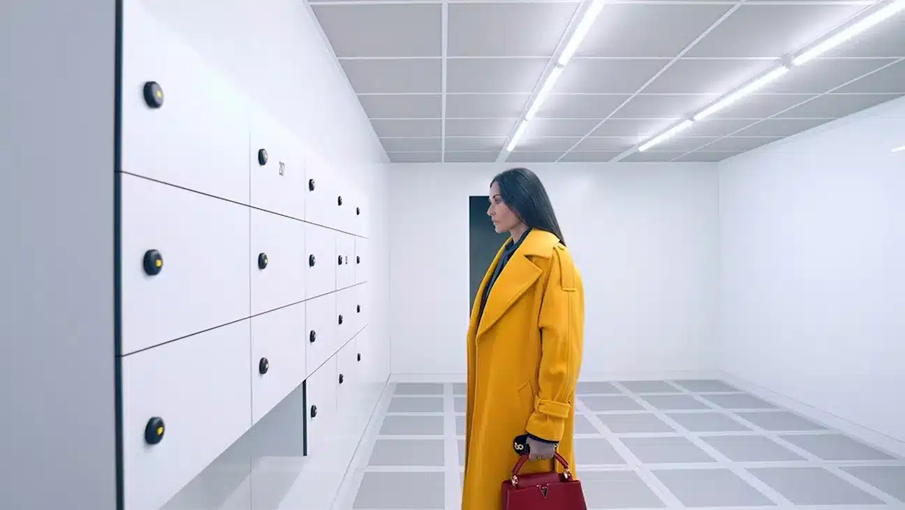 Elisabeth stands in front of the lockers in The Substance