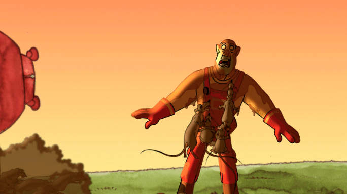 Four rats climb on Ursus as he screams