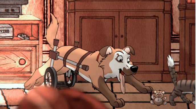 Trasto the dog in his rear legs walking wheels as he plays with a teddy bear