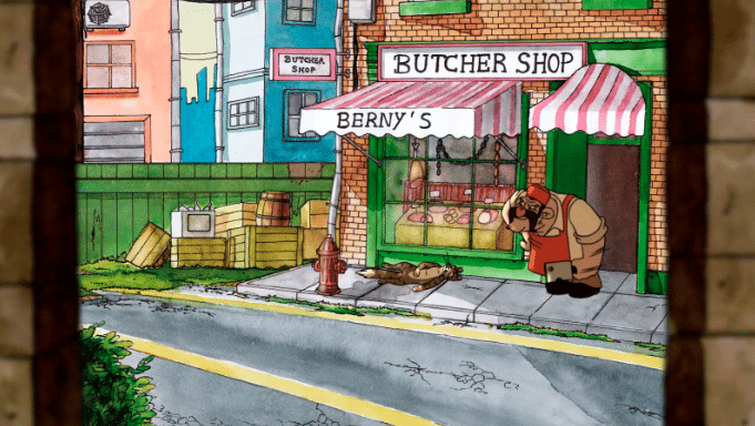 Moka rolls on his back in front of the butcher shop as the butcher watches holding a chopping knife