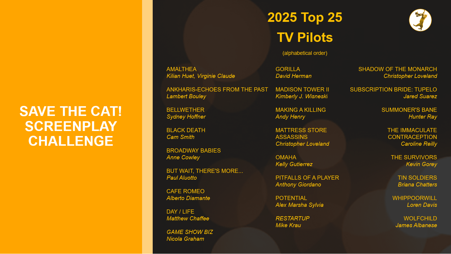 a graphic listing the titles and screenwriters of the 2025 Save the Cat! Screenplay Challenge TV Pilots
