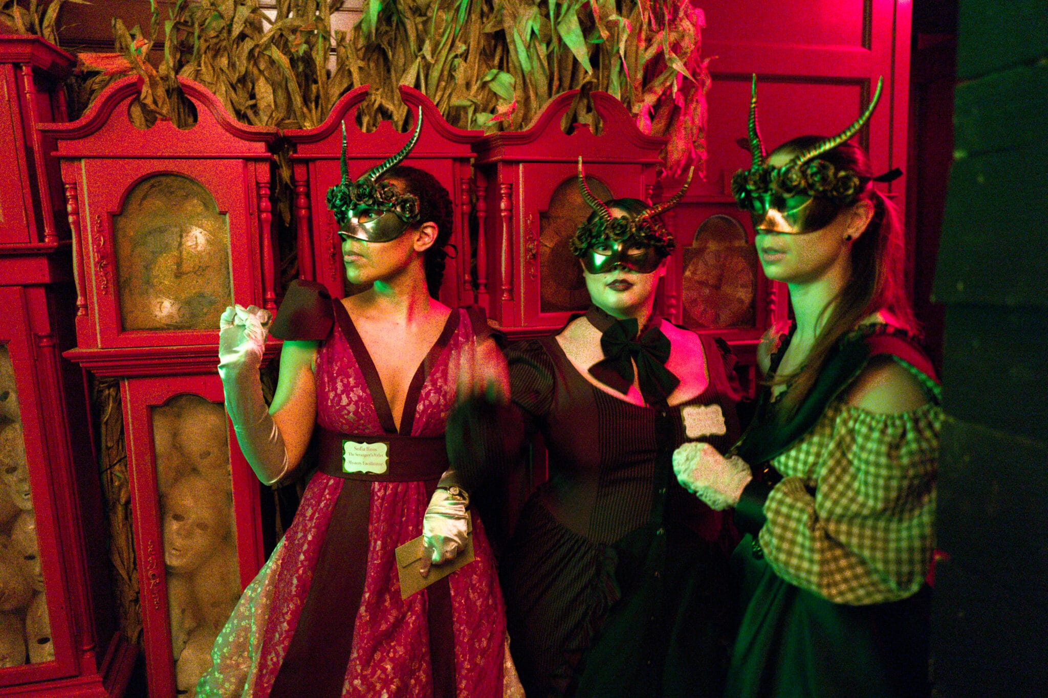 3 costumed and masked actors in a Ghost Ship Mystery