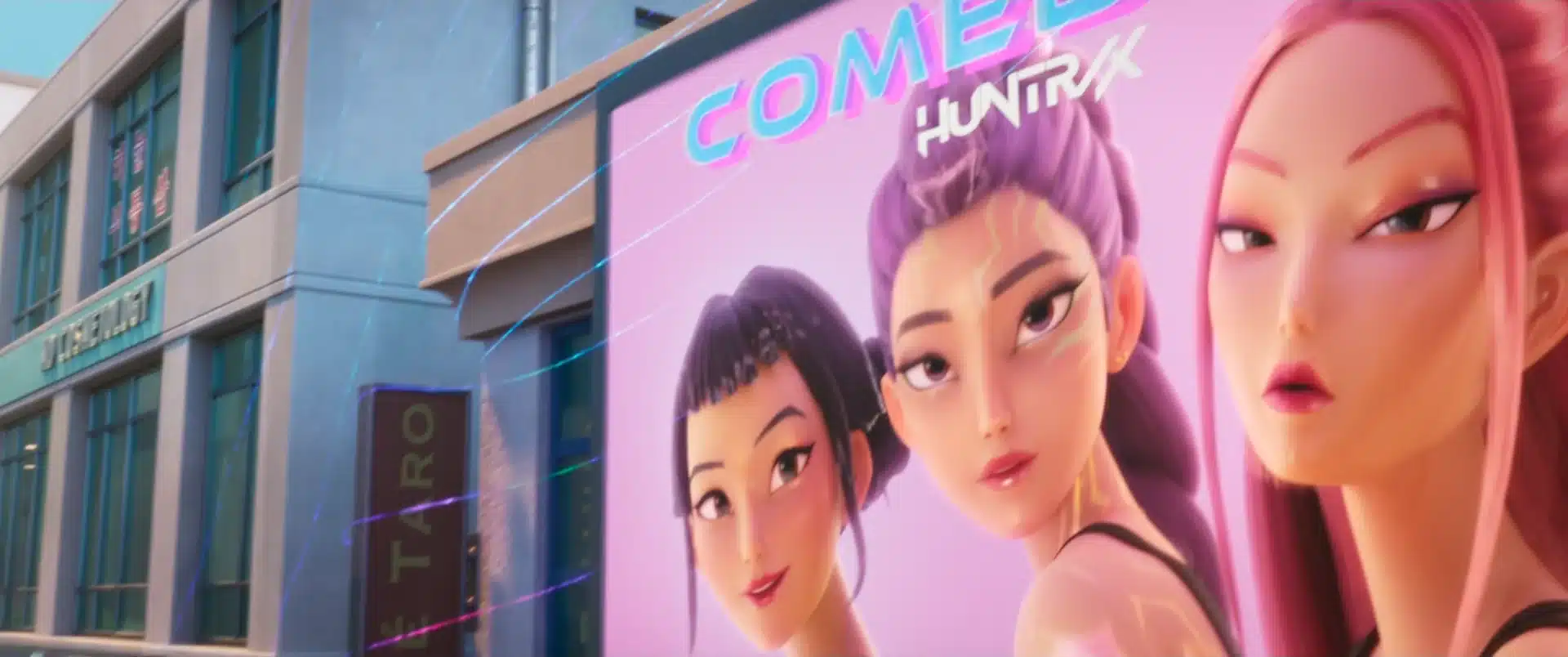 the 'Comeback' billboard with the 3 members of Huntrix