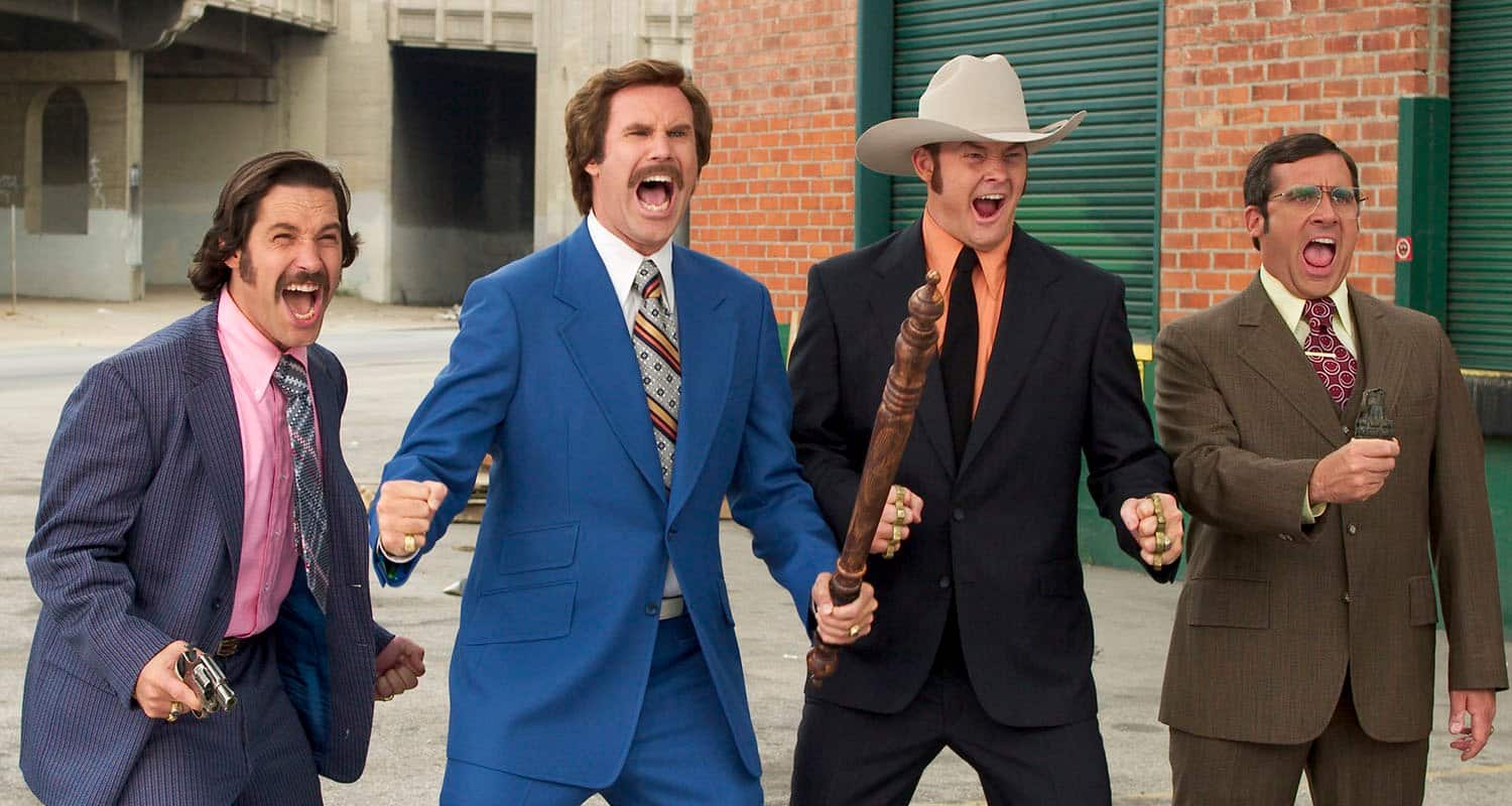Paul Rudd, Will Ferrell, David Koechner, and Steve Carell stand side by side in the street ready for battle