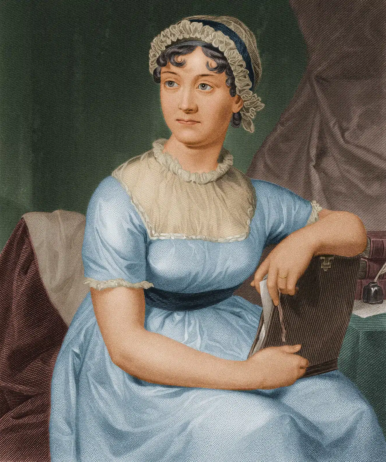 a portrait of the writer Jane Austen, sitting in a chair