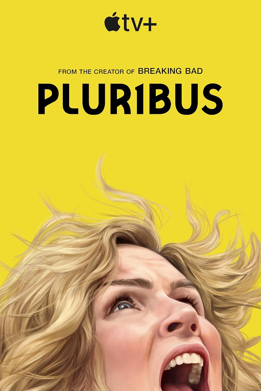 the poster for the TV series Pluribu7s featuring Rhea Seehorn screaming