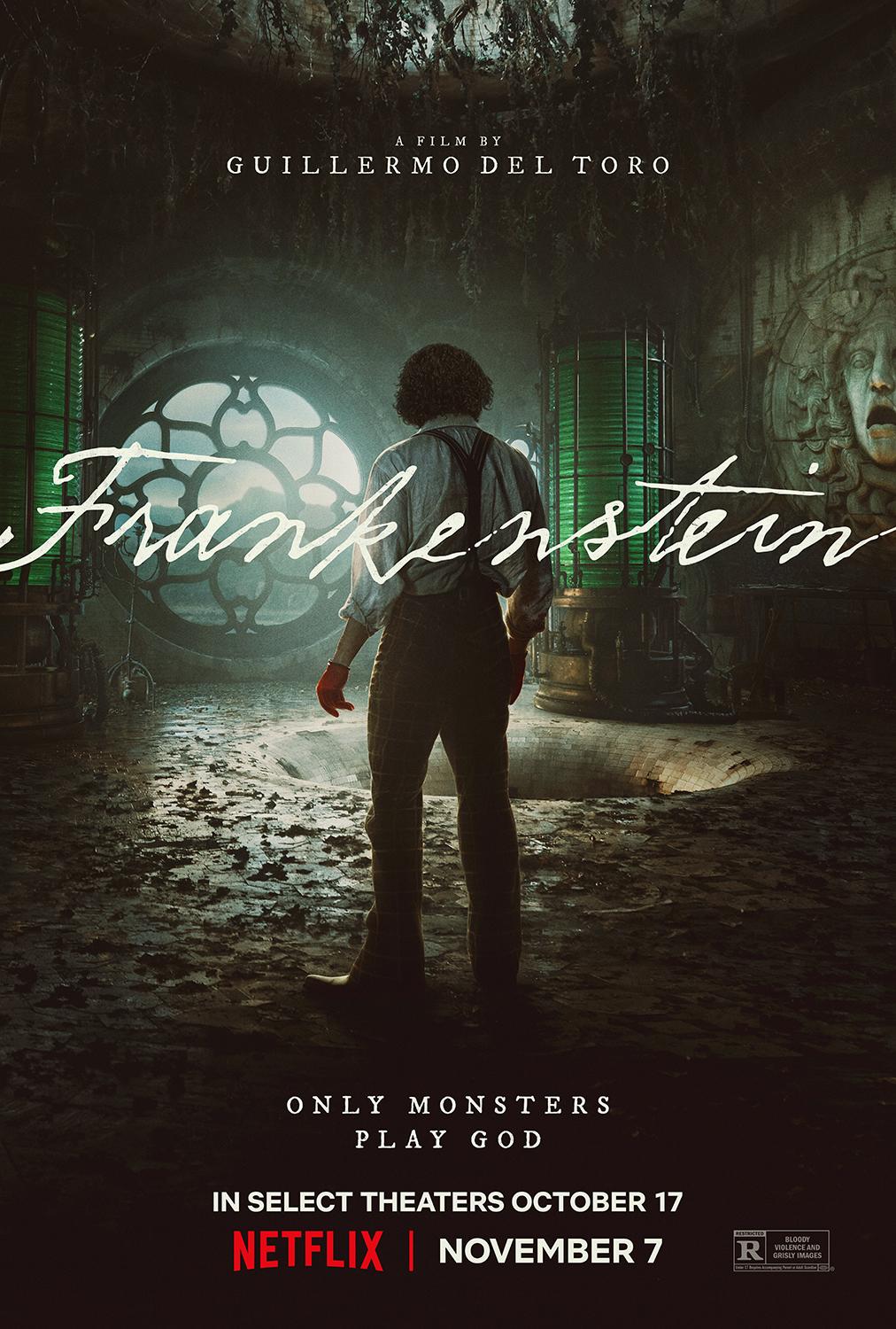 Oscar Isaac standing, facing away in the poster from the movie 'Frankenstein' by Guillermo del Toro