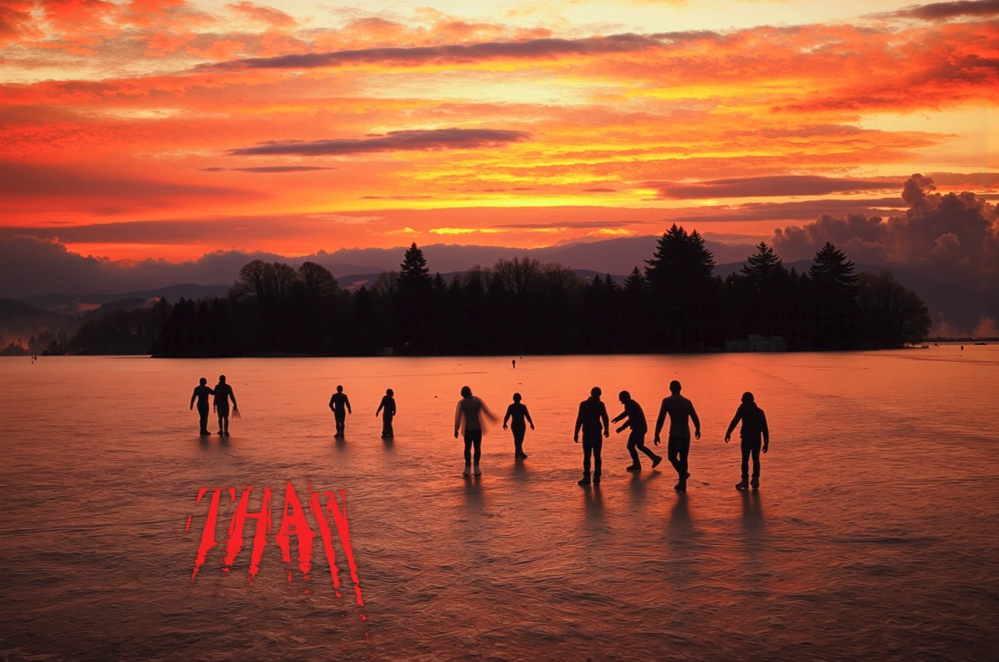 humans walking on a lake with a forest behind them with the logo for the movie 'Thaw'