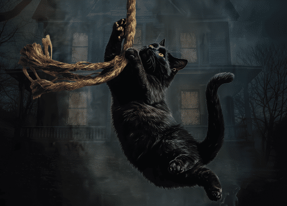black cat hanging onto a rope