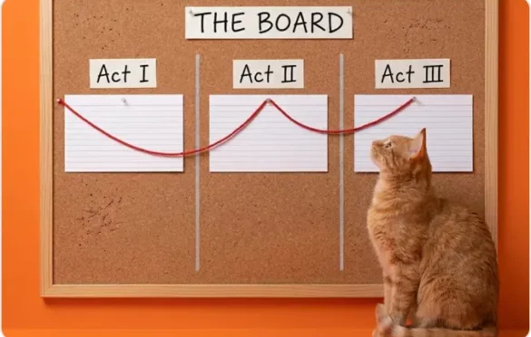 Cat sitting and looking at a board with a plan