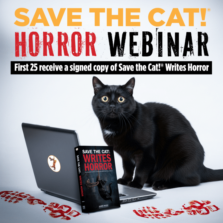 Save the Cat! Horror Webinar graphic with cat, laptop, and Save the Cat! Writes Horror book