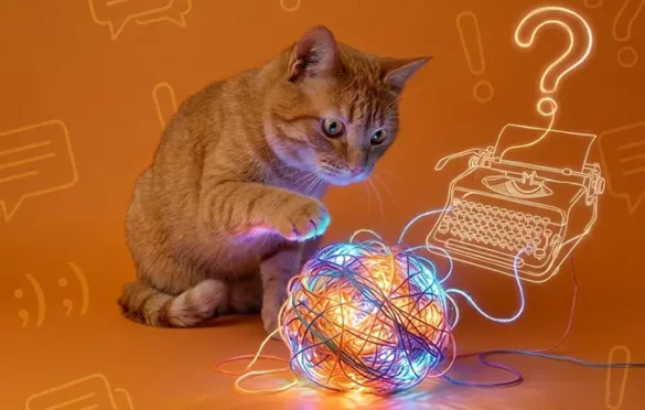 A cat plays with a ball of garlands