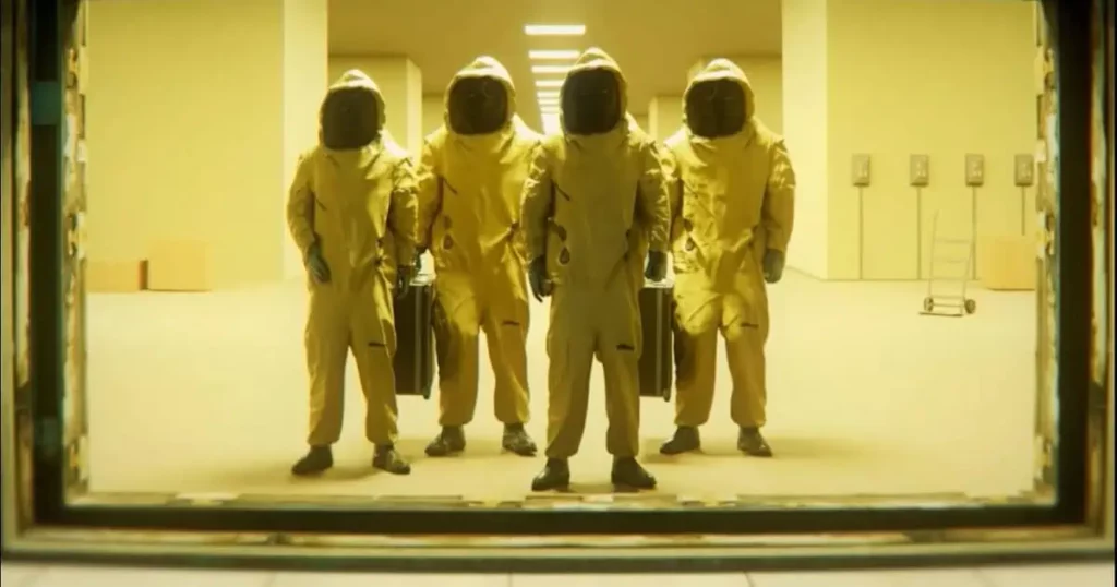 4 humans wearing hazmat suits, standing in the backrooms