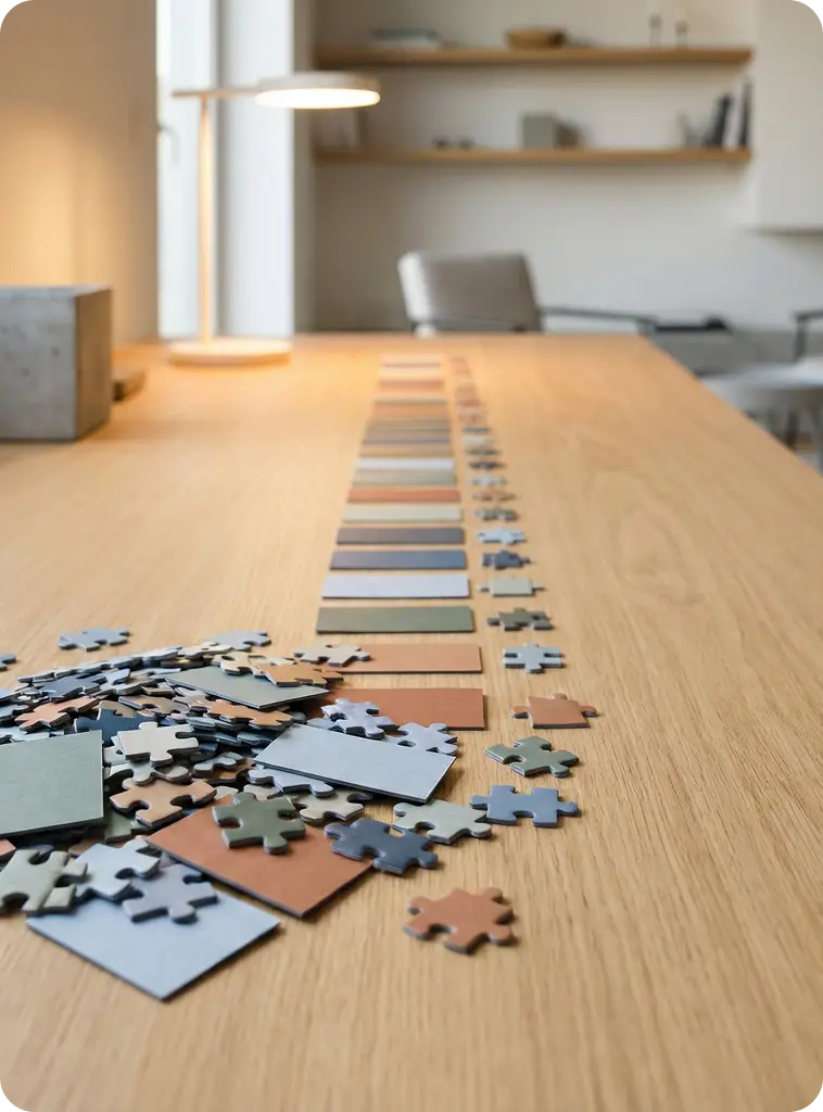 A strip of unassembled puzzles on the table