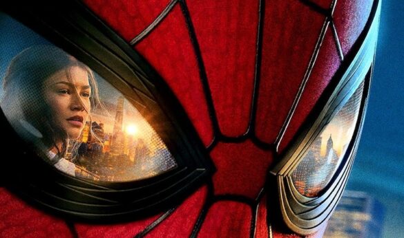 The Spider-Man: Brand New Day poster with Zendaya reflected in Spider-Man's eye