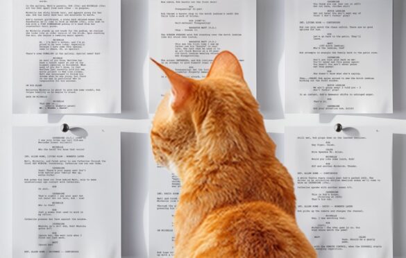 cat looking at pages of a screenplay on wall